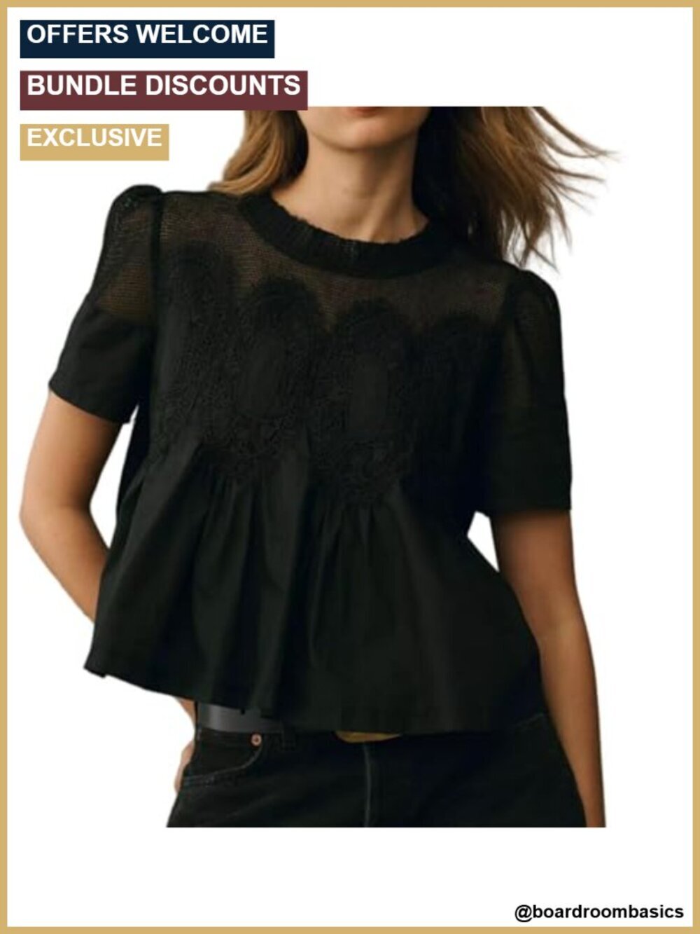 Lace Detail Flared Poplin Blouse Short Sleeve Crew Neck Swing Top